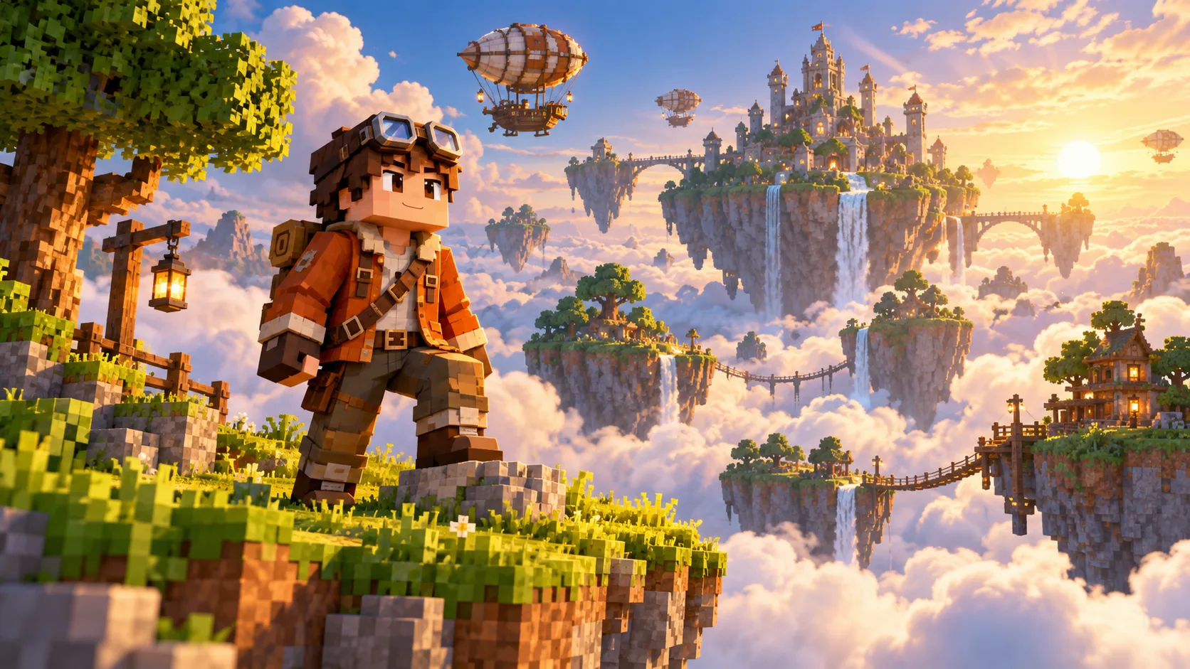 Orange-jacket pixel character standing on a floating island