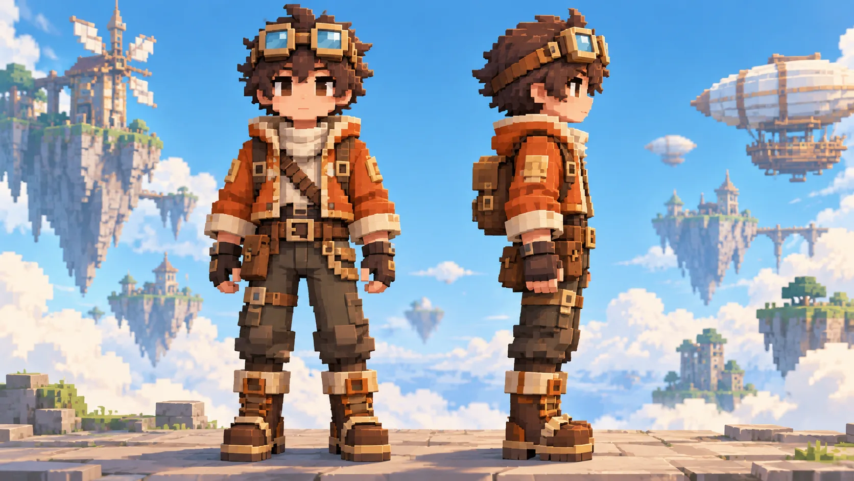 Front and side views of an orange-jacket block character