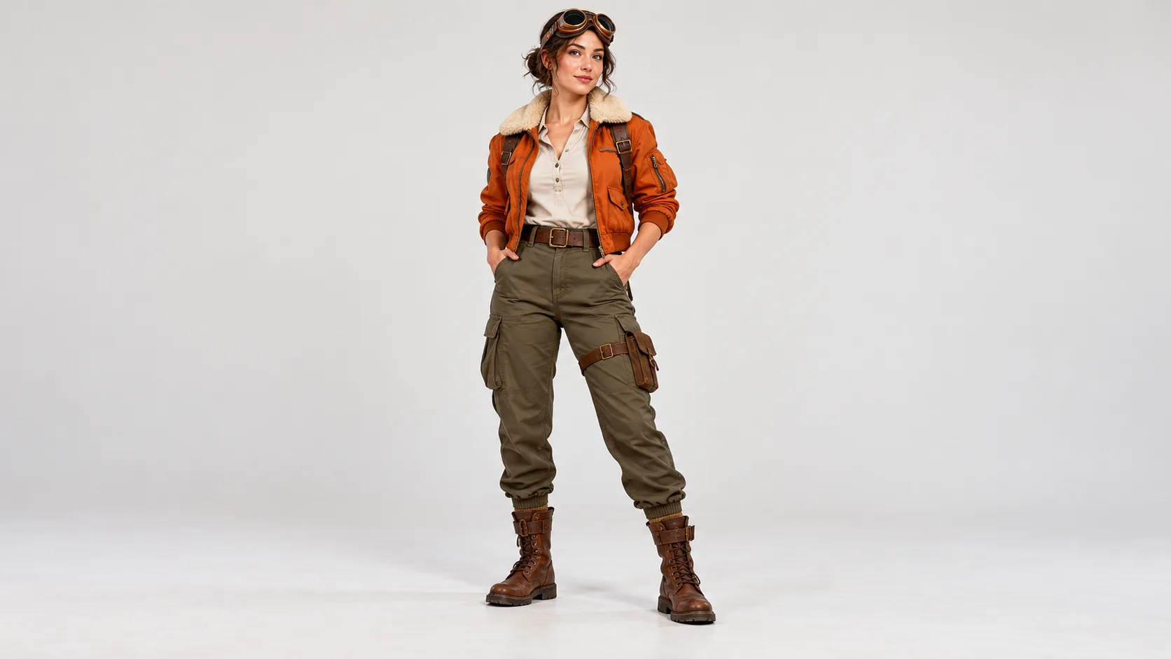 Portrait reference wearing an orange flight jacket and goggles