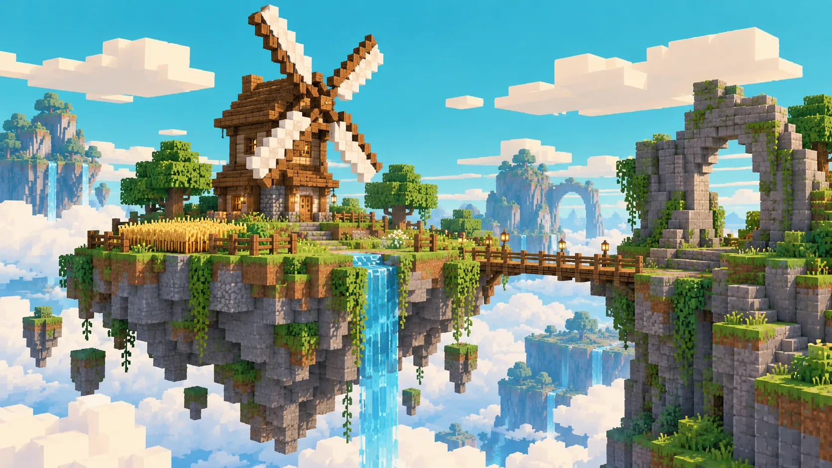 Original pixel art windmill on a small floating island