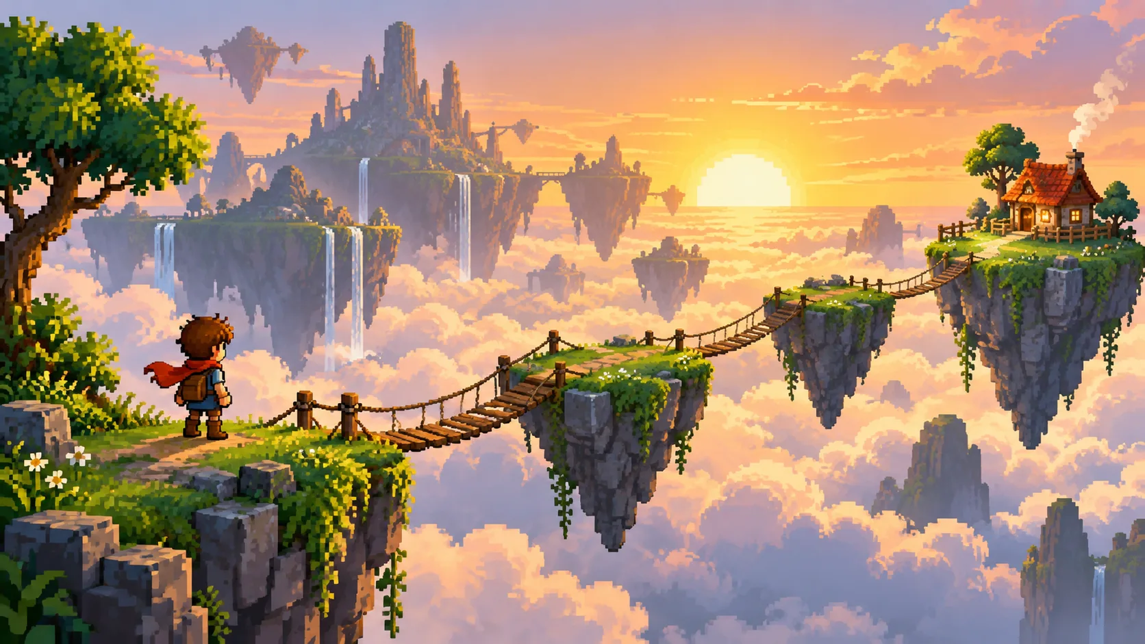 Original pixel art bridge connecting two floating landforms
