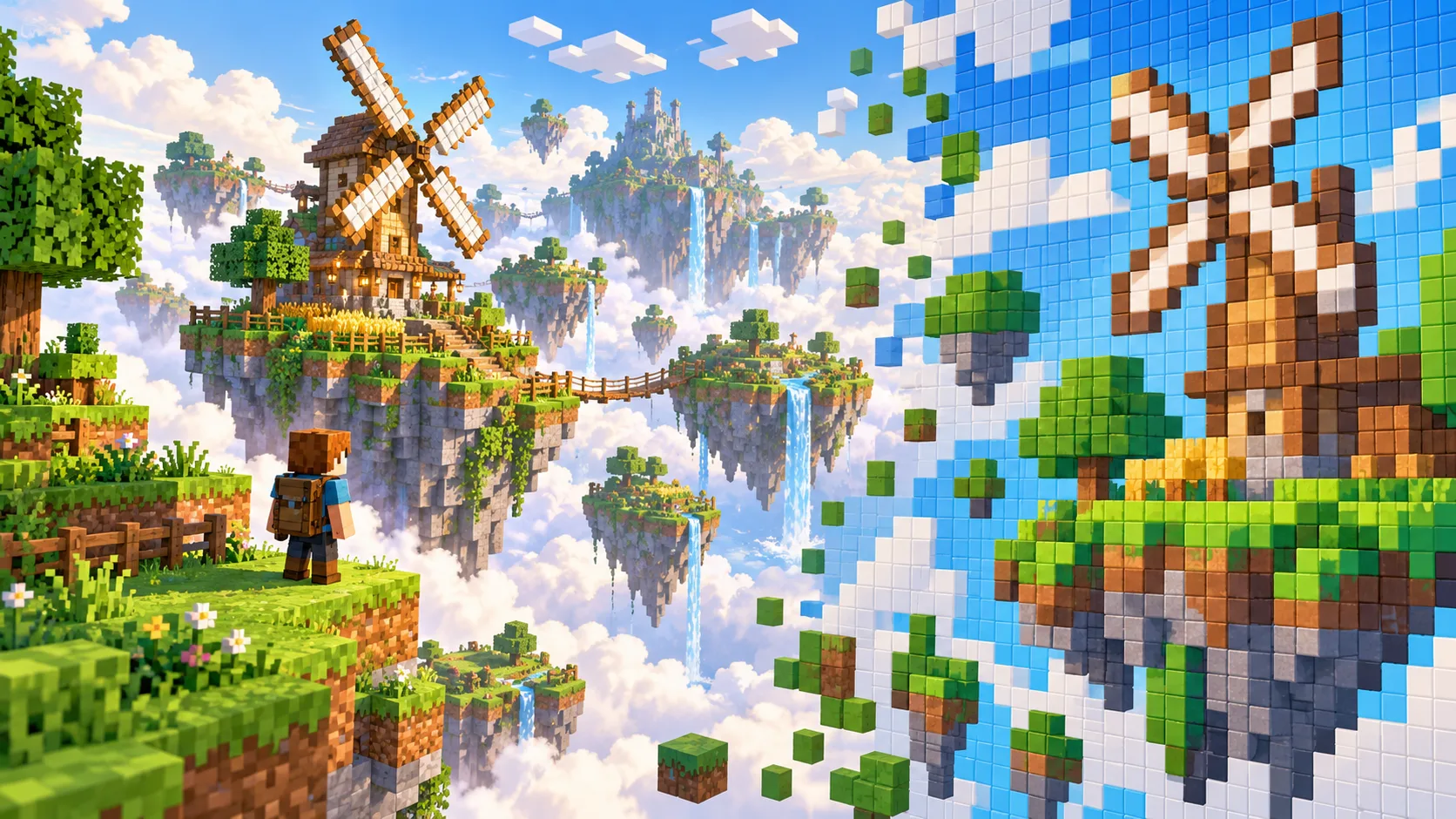 Floating island landscape interpreted as colorful pixel art