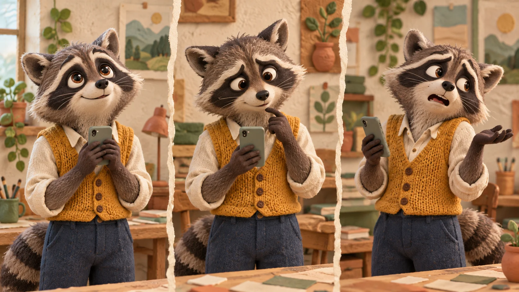 The raccoon holds a phone through hopeful, puzzled and disbelieving expressions.