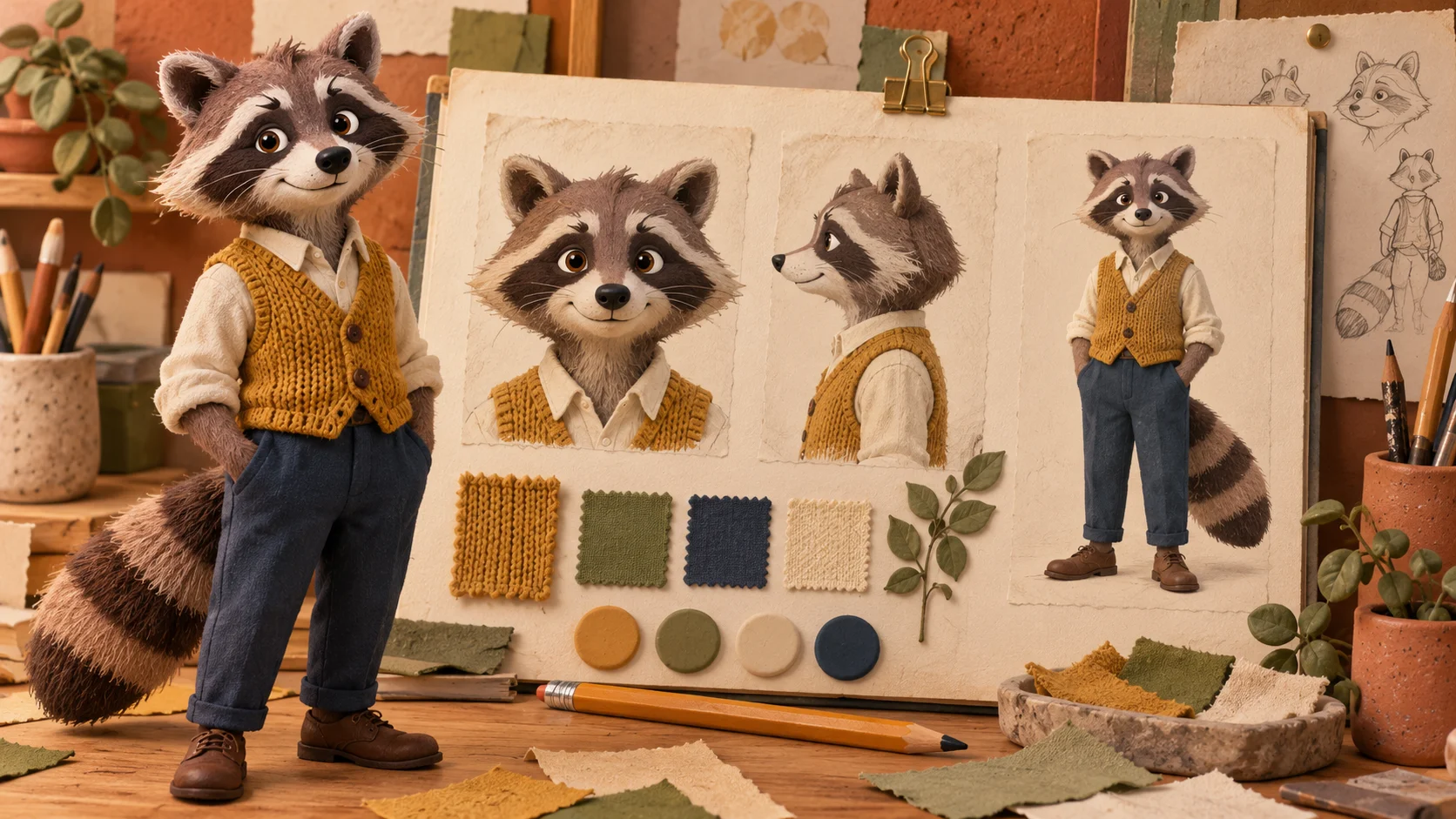 A handcrafted character notebook shows the raccoon’s face, side view and outfit.