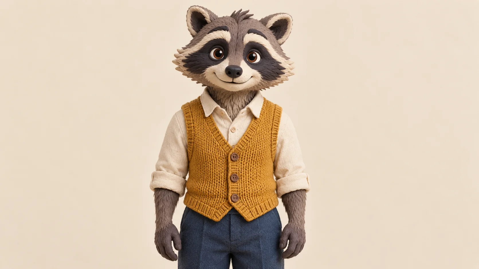 An original upright raccoon character with a mustard vest and cream shirt.