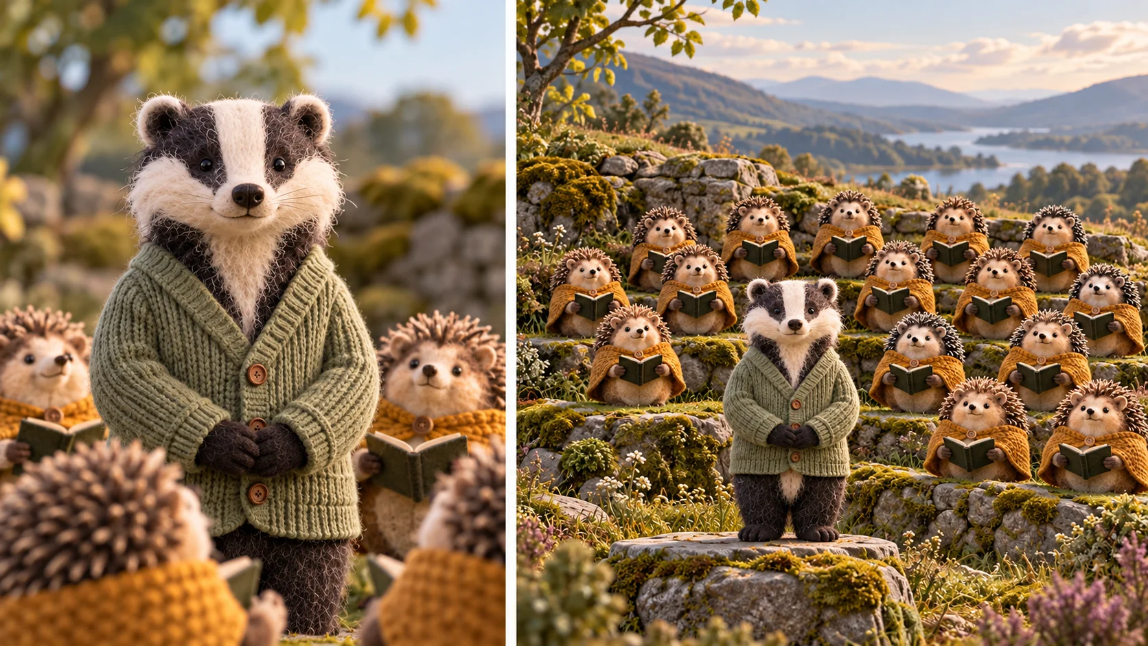 Close and wide front-facing studies keep the badger still within the hedgehog ensemble.