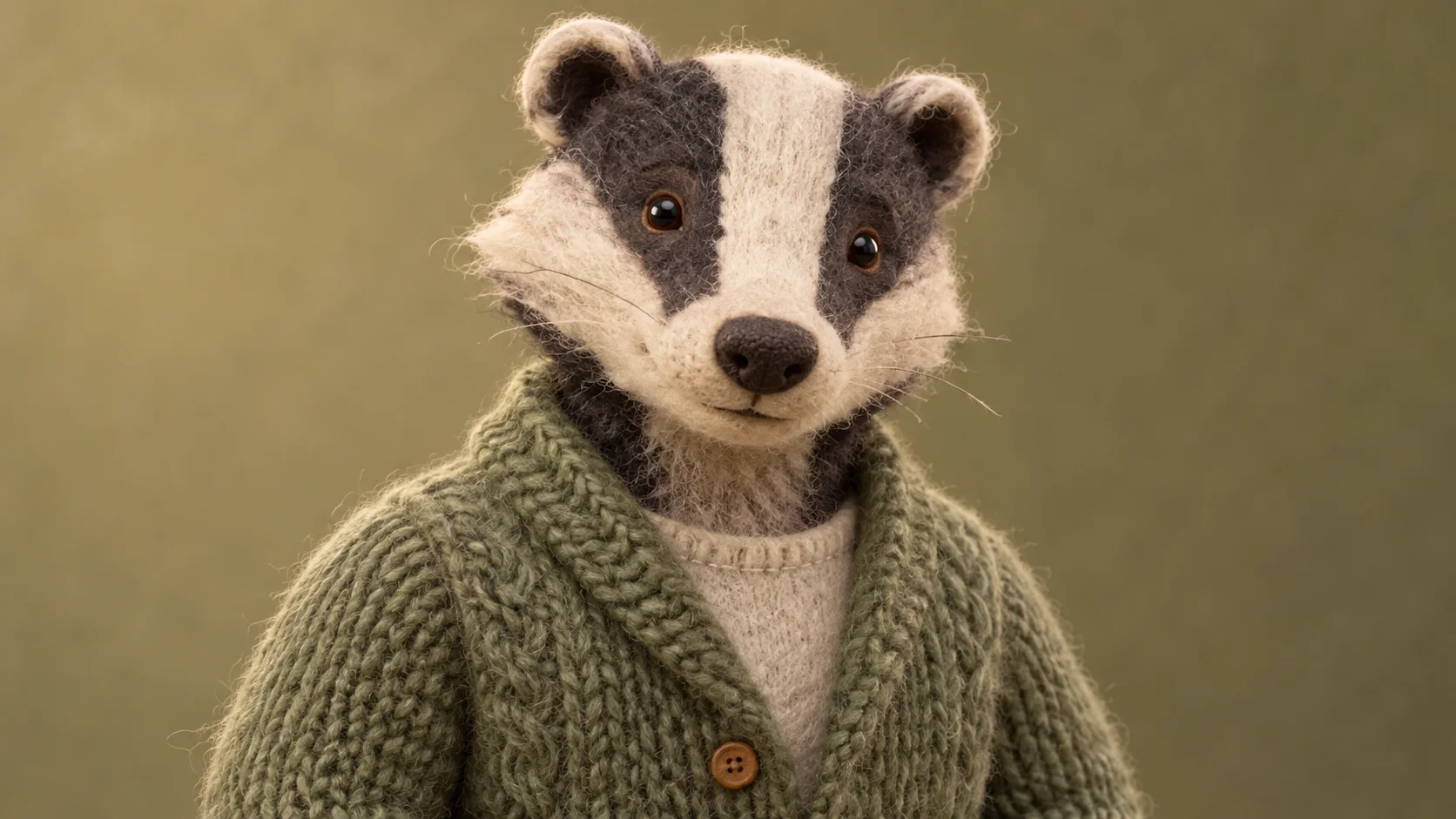 A handmade felt badger in a sage cardigan with a clear facial stripe.