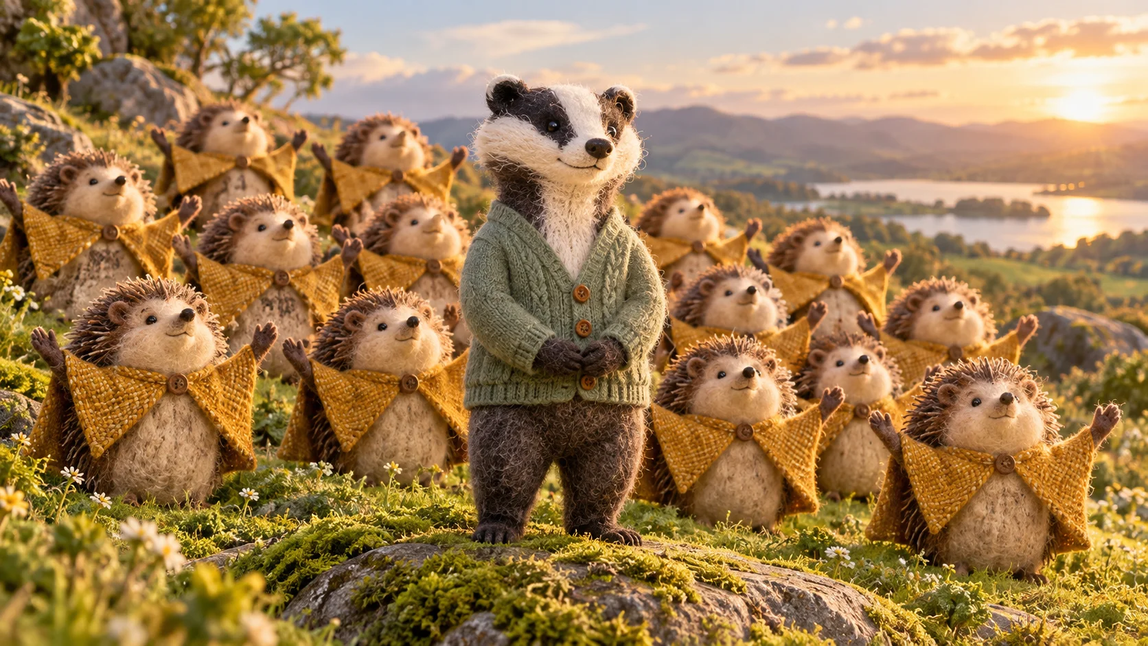 A calm felt badger stands in front of an enthusiastic woodland hedgehog choir.
