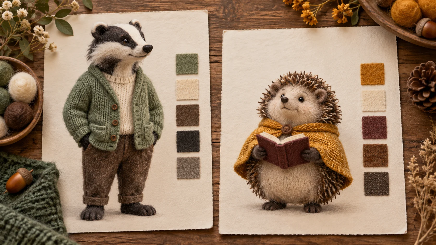 Separate felt badger and ochre-caped hedgehog cards define the two image roles.
