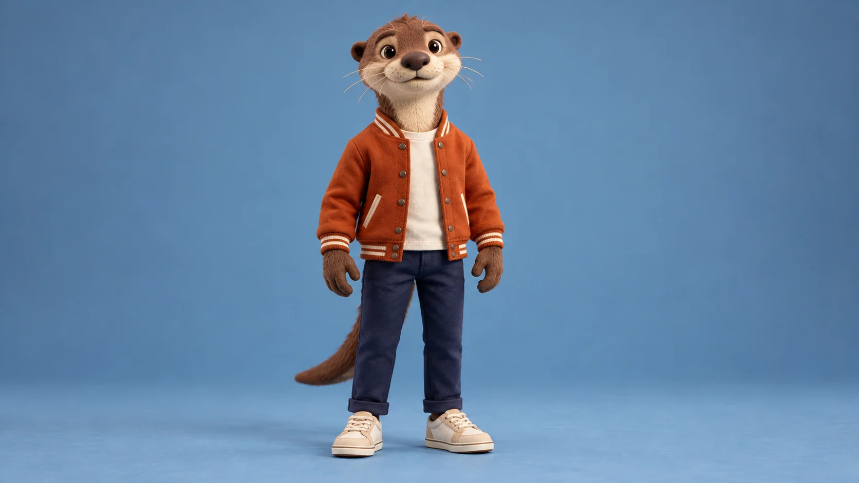 Una lontra originale di argilla con una giacca varsity color ruggine, pantaloni blu scuro e sneakers color crema.