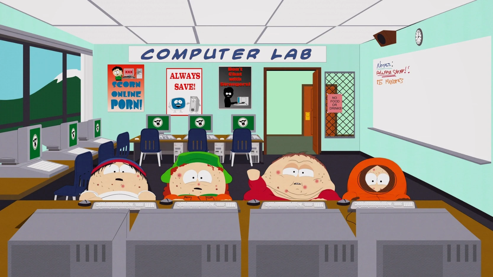 Stan, Kyle, Cartman, and Kenny with altered appearances at computers in the computer lab in Make Love, Not Warcraft