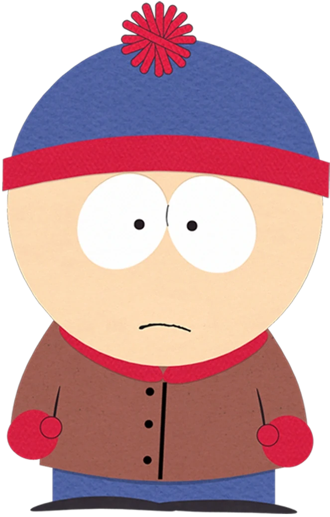 Stan Marsh wearing a blue cap with red trim and pom-pom, a brown jacket, and red gloves