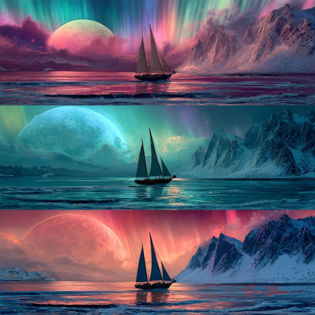 Three Different Fantasy Sailing Ships in Ocean